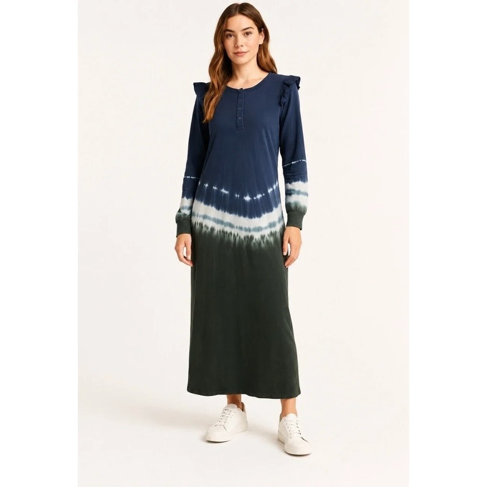 Z Supply Black Iris Tie Dye Ruffle Maxi Dress Long Sleeve Navy Olive NWT S - Picture 1 of 9